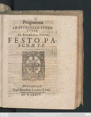 Programma Ad Studiosam Iuventutem In Academia Iulia Festo Paschae P.P.