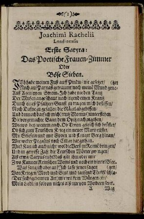 Erste Satyra: Das Poetische Frauen-Zimmer Oder Böse Sieben.