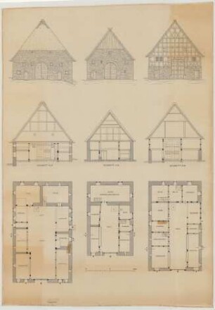 Altenhellefeld (Kreis Arnsberg): Hof Kaiser genannt Immes. [Haupthaus] (Ansicht, Schnitt, Grundriss]. Langenholthausen (Kreis Arnsberg). [Haupthaus]. Danklin (Kreis Altena). [Haupthaus]