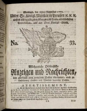 No. 33. Montags, den 13ten Augustus 1770.