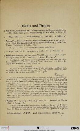 I. Musik und Theater (Nr. 1-189)