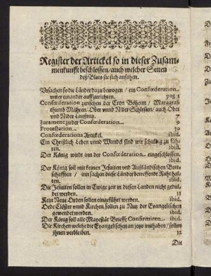 Register der Artickel so in dieser Zusammenkunfft beschlossen
