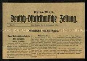 Extrablatt der Zeitung für Deutsch-Ostafrika Nr. 58 vom 5. November 1914, mit einer Schlagzeile zu den Schlachten bei Moschi und Tanga