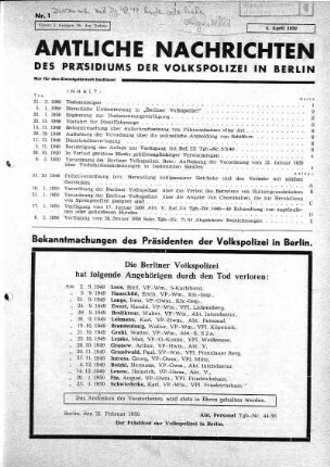 1950: Amtliche Nachrichten des Präsidiums der Volkspolizei in Berlin