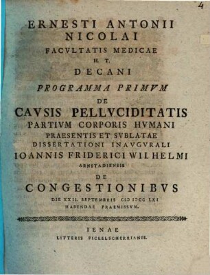 De causis pelluciditatis partium corporis humani praesentis et sublatae, Progr. I.