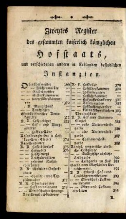 Zweytes Register des gesammten kaiserlich königlichen Hofstaats, und verschiedenen andern in Erblanden befindlichen Instenzien