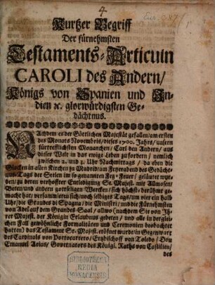 Kurzer Begriff der fürnehmsten Testaments Articuln Caroli des Andern
