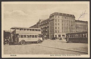 Ansichtskarte Omnibus und Straßenbahn, „Belle Alliance- Ecke Gneisenau-Straße“
