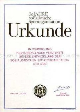 Urkunde "30 Jahre sozialistische Sportorganisation" (blanko)