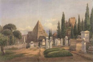 Ansicht des protestantischen Friedhofs in Rom, im Hintergrund die Cestius-Pyramide