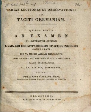Variae lectiones et observationes in Taciti Germaniam : Commentatio, [1]