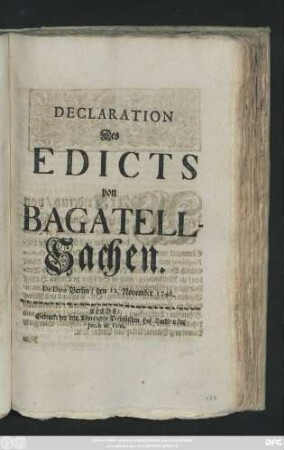 Declaration Des Edicts von Bagatell-Sachen : De Dato Berlin, den 12. November 1740