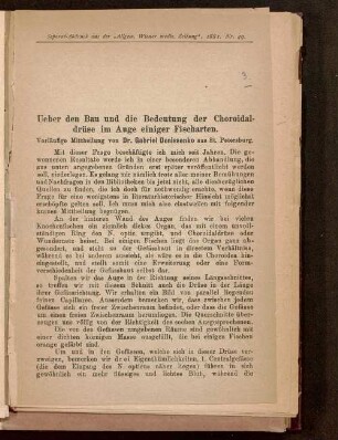 Ueber den Bau und die Bedeutung der Choroidaldrüse im Auge einiger Fischarten : vorläufige Mittheilung
