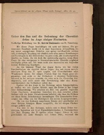 Ueber den Bau und die Bedeutung der Choroidaldrüse im Auge einiger Fischarten : vorläufige Mittheilung