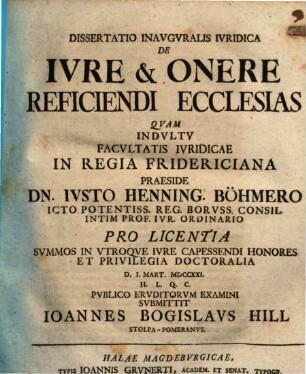 Dissertatio Inavgvralis Ivridica De Ivre & Onere Reficiendi Ecclesias