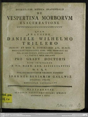 Dissertatio Medica Inauguralis De Vespertina Morborum Exacerbatione