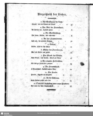 Verzeichniß der Lieder.