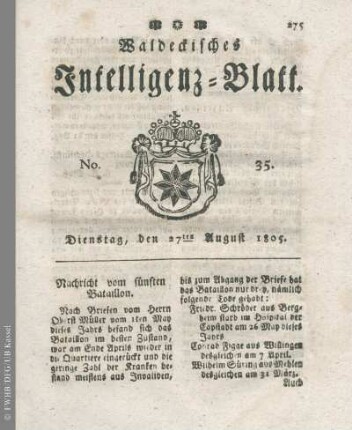 No. 35, Dienstag, den 27ten August 1805