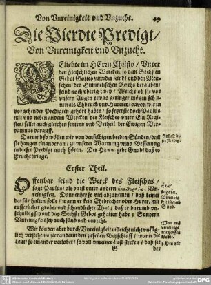 Die Vierdte Predigt, Von Unreinigkeit und Unzucht : Vierdte Predigt, Von Unreinigkeit und Unzucht