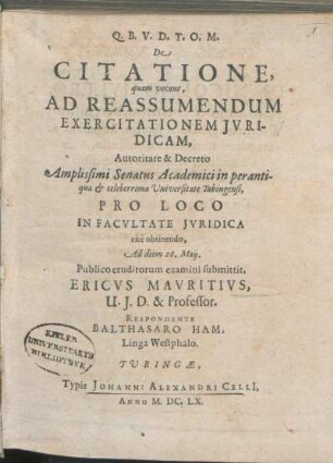 De Citatione, quam vocant, Ad Reassumendum Exercitationem Jvridicam