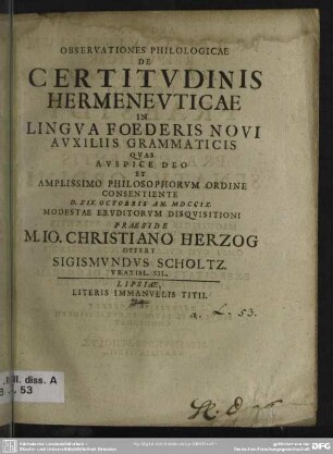 Observationes Philologicae De Certitudinis Hermeneuticae In Lingua Foederis Novi Auxiliis Grammaticis