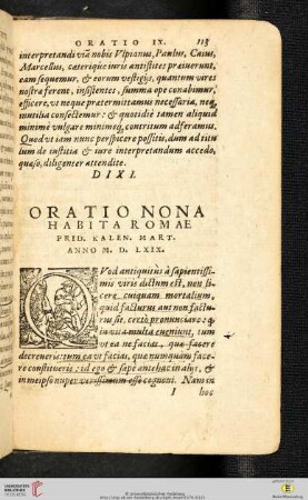 Oratio Nona. Habita Romae. Prid. Kalen. Mart. Anno. M.D. LXIX.