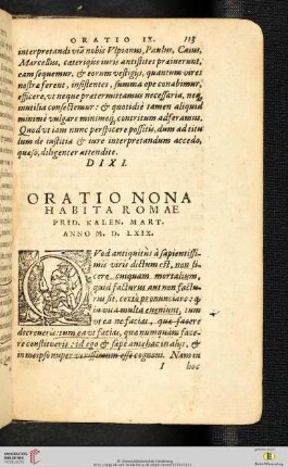 Oratio Nona. Habita Romae. Prid. Kalen. Mart. Anno. M.D. LXIX.