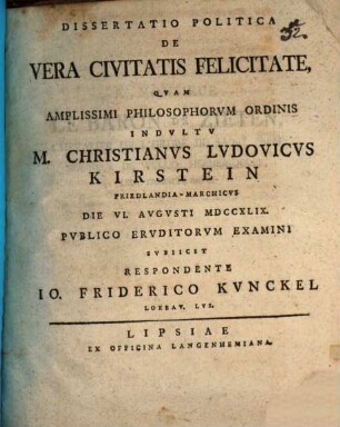 Dissertatio Politica De Vera Civitatis Felicitate