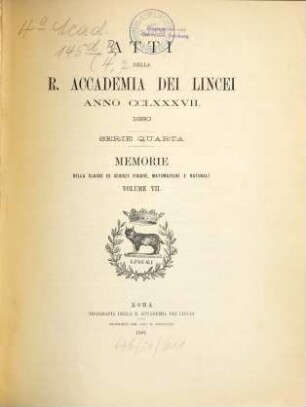 Memorie della Classe di Scienze Fisiche, Matematiche e Naturali, 7. 1890 (1891)