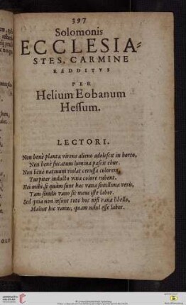 Solomonis ecclesiastes, carmine redditvs per Helivm Eobanum Hessum