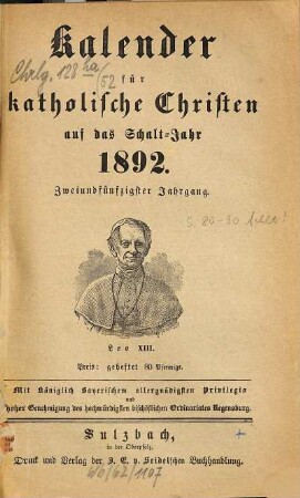 Kalender für katholische Christen : auf d. Jahr ... 52. 1892