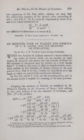 An improved form of writing the formula of C. F. Gauss, for the measure of curvature.