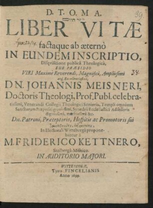 [...] Liber Vitae factaque ab aeterno In Eundem Inscriptio