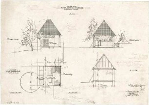 Gsaenger, Gustav; Moosburg (Bayern), Münchnerstr., Thalbacherstr.; Trafostationen - Eingabeplan einer Netztrafostation (Grundriss), Südost- u. Südwestseite (Ansichten), Schnitt