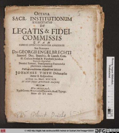 Octava Sacr. Institutionum Exercitatio De Legatis & Fideicommissis