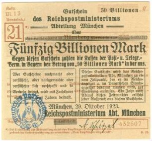 Geldschein / Notgeld, 50 Billionen Mark, 29.10.1923