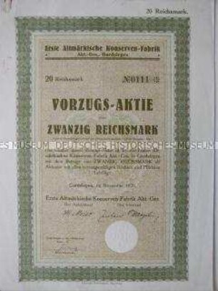 Aktie der Ersten Altmärkischen Konservenfabrik über zwanzig Reichsmark