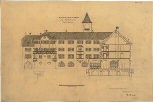 Fischer, Theodor; Hall / Tirol (Österreich); Postgebäude - Südseite u. Posträume (Ansicht, Schnitte)