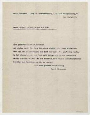 Brief von Raoul Hausmann an Carl Haeberlin. Berlin