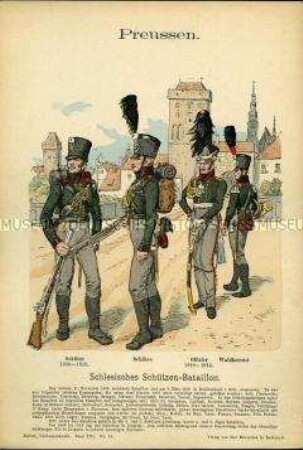 Uniformdarstellung, Gemeine, Offizier und Hornist des Schlesischen Schützen-Bataillons, Königreich Preußen, 1809/1814.