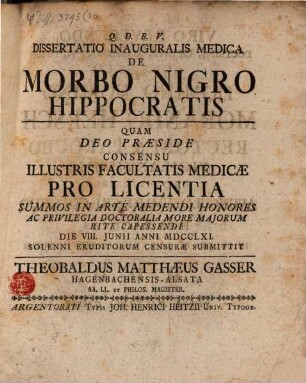 Dissertatio Inauguralis Medica De Morbo Nigro Hippocratis