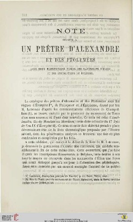 N.S. 14.1866: Note relative à un prêtre d'Alexandre et des Ptolemées : avec deux restitutions tirées des manuscrits d'Élien et des inscriptions de Delphes