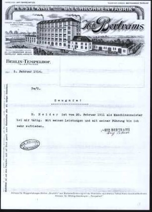 Firmenbriefkopf Bertrams. Hch., Erste Knieblechröhren - Fabrik, Verzinkerei u. Verbleierei