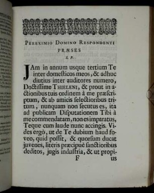 Pereximio Domino Respondenti Præses S. P.