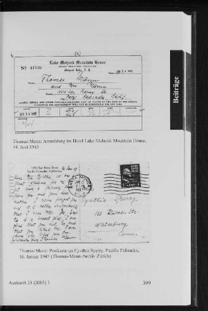Thomas Mann: Postkarte an Cynthia Sperry. Pacific Palisades, 16. Januar 1947 (Thomas-Mann-Archiv Zürich)