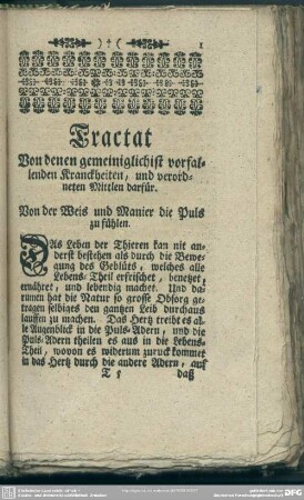 Tractat Von denen gemeiniglichst vorfallenden Kranckheiten, und verordneten Mitteln dafür
