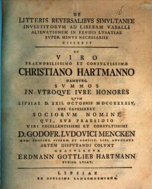 De Litteris Reversalibvs Simvltanee Investitorvm Ad Liberam Vasalli Alienationem In Fevdis Lvsatiae Svper. Minvs Necessariis