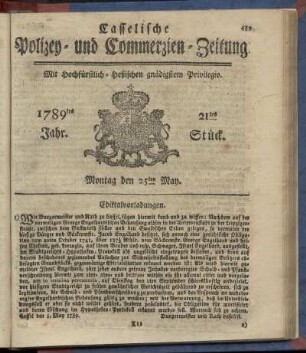 21tes Stueck, Montag den 25ten May. 1789