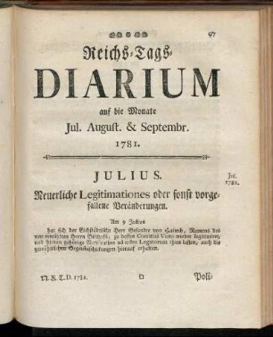 Reichs-Tags-Diarium auf die Monate Jul. August. & Septembr. 1781.