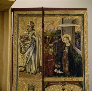 Bosseroder Altar — Altarinnenflügel rechts - Christi Geburt, Beschneidung und zwei Heilige — Geburt Christi